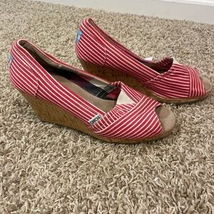TOMS Red and White Striped Peep-Toe Wedge Espadrilles